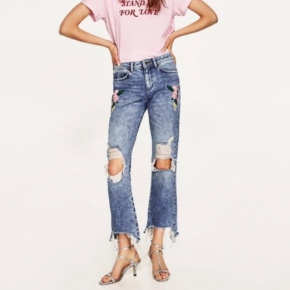 Zara Denim - Zara Embroidered Floral Distressed Flare Jeans, US 4